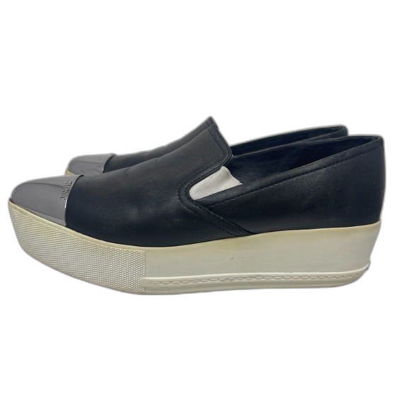 MIU MIU Black Leather Silver Metal Cap Toe Slip On Platform Sneaker EU 38 Italy - Picture 5 of 11